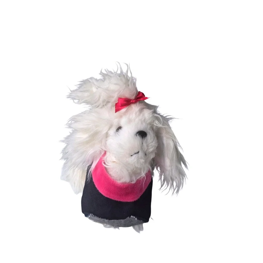 BATTAT White Yorkie Shaggy Plush Dog with Denim Pink Vest and Red Bow 10 Inch
